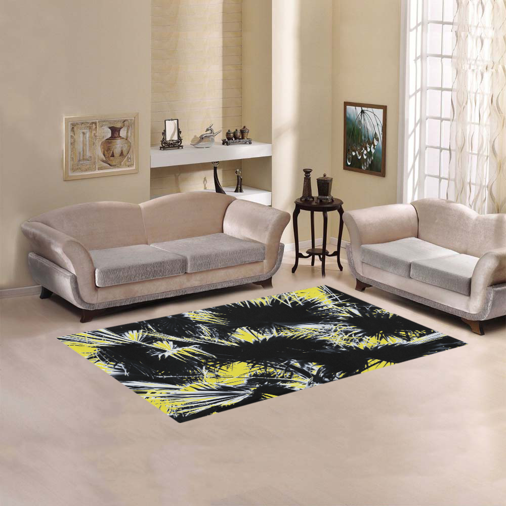 black and white palm leaves with yellow background Area Rug 5'x3'3''