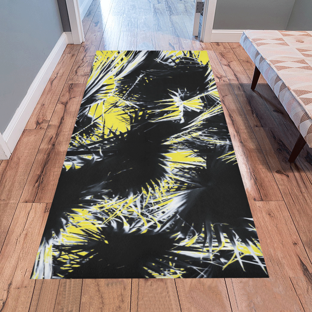 black and white palm leaves with yellow background Area Rug 7'x3'3''