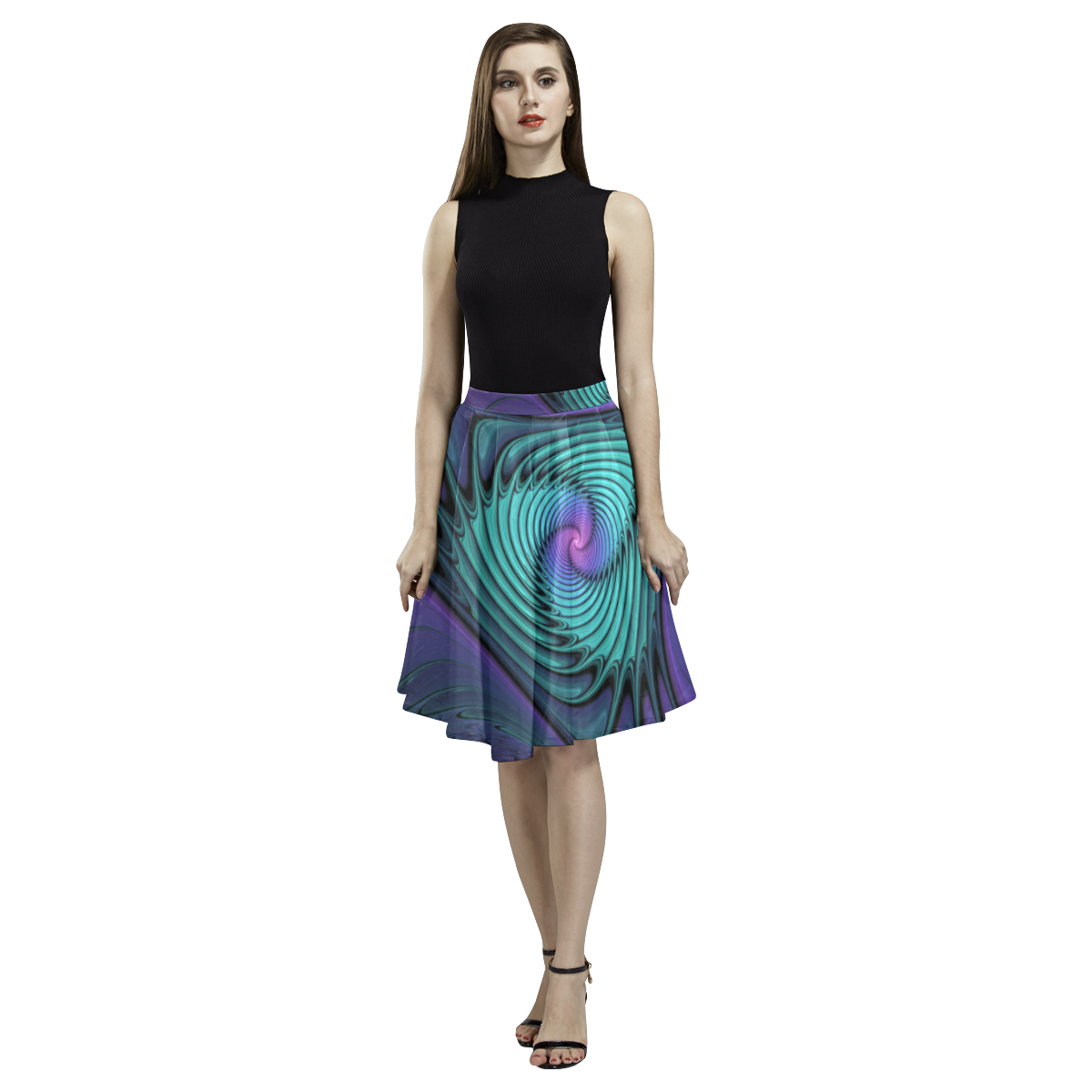 Purple meets Turquoise modern abstract Fractal Art Melete Pleated Midi Skirt (Model D15)
