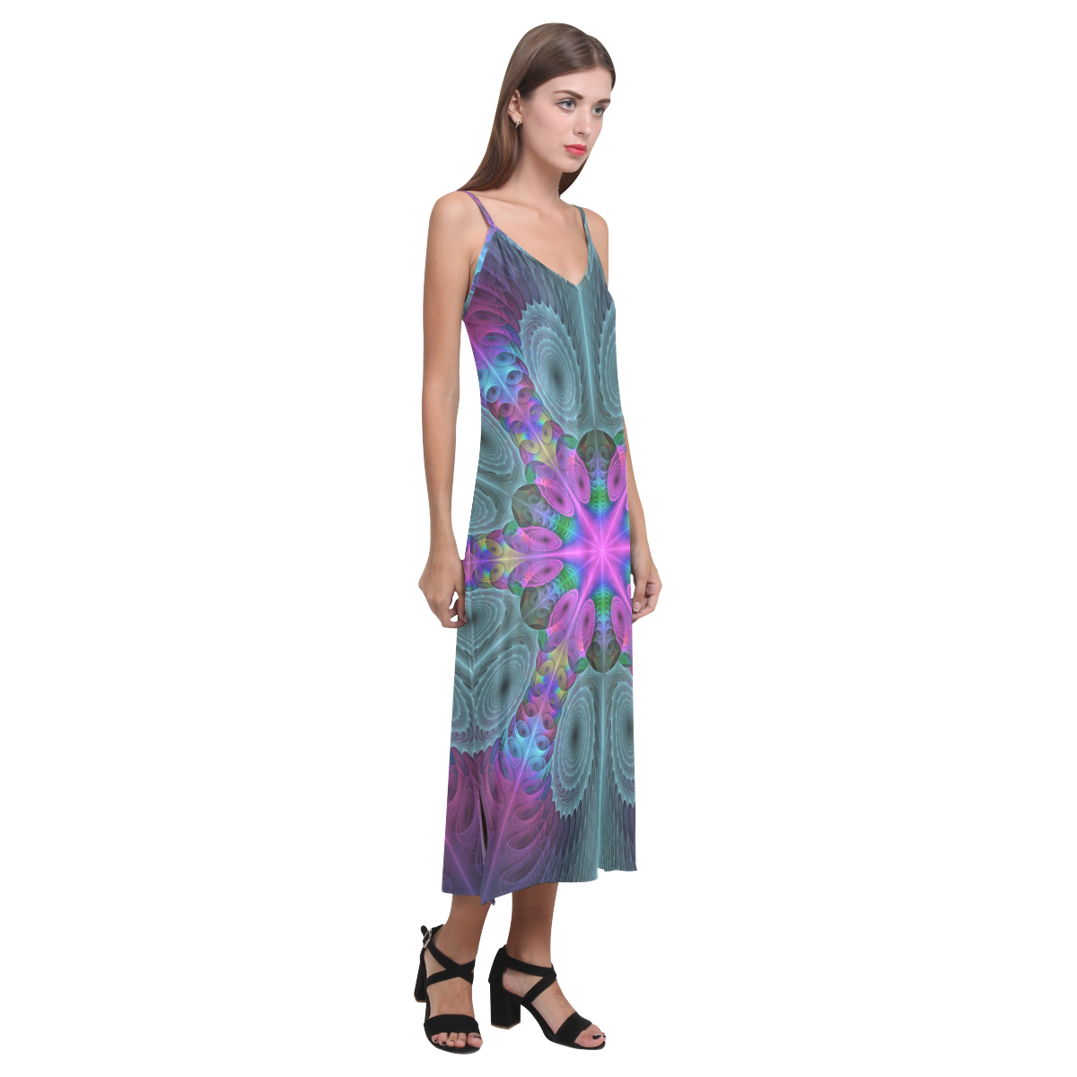 Mandala From Center Colorful Fractal Art With Pink V-Neck Open Fork Long Dress(Model D18)