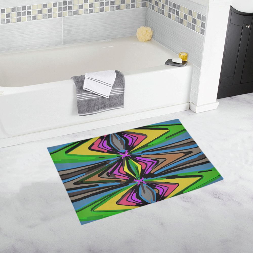 psychedelic geometric graffiti triangle pattern in pink green blue yellow and brown Bath Rug 20''x 32''