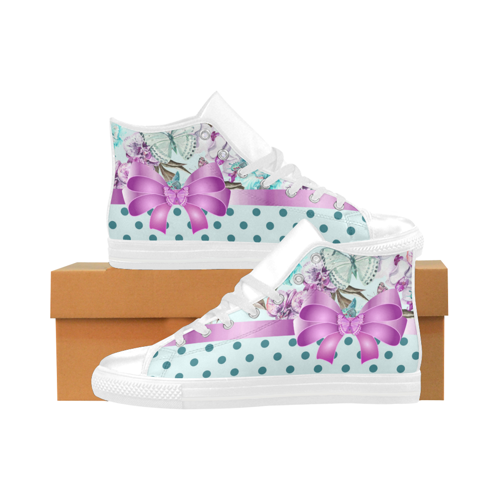 Watercolor Flowers Butterflies Polka Dots Ribbon T Aquila High Top Microfiber Leather Women's Shoes (Model 032)