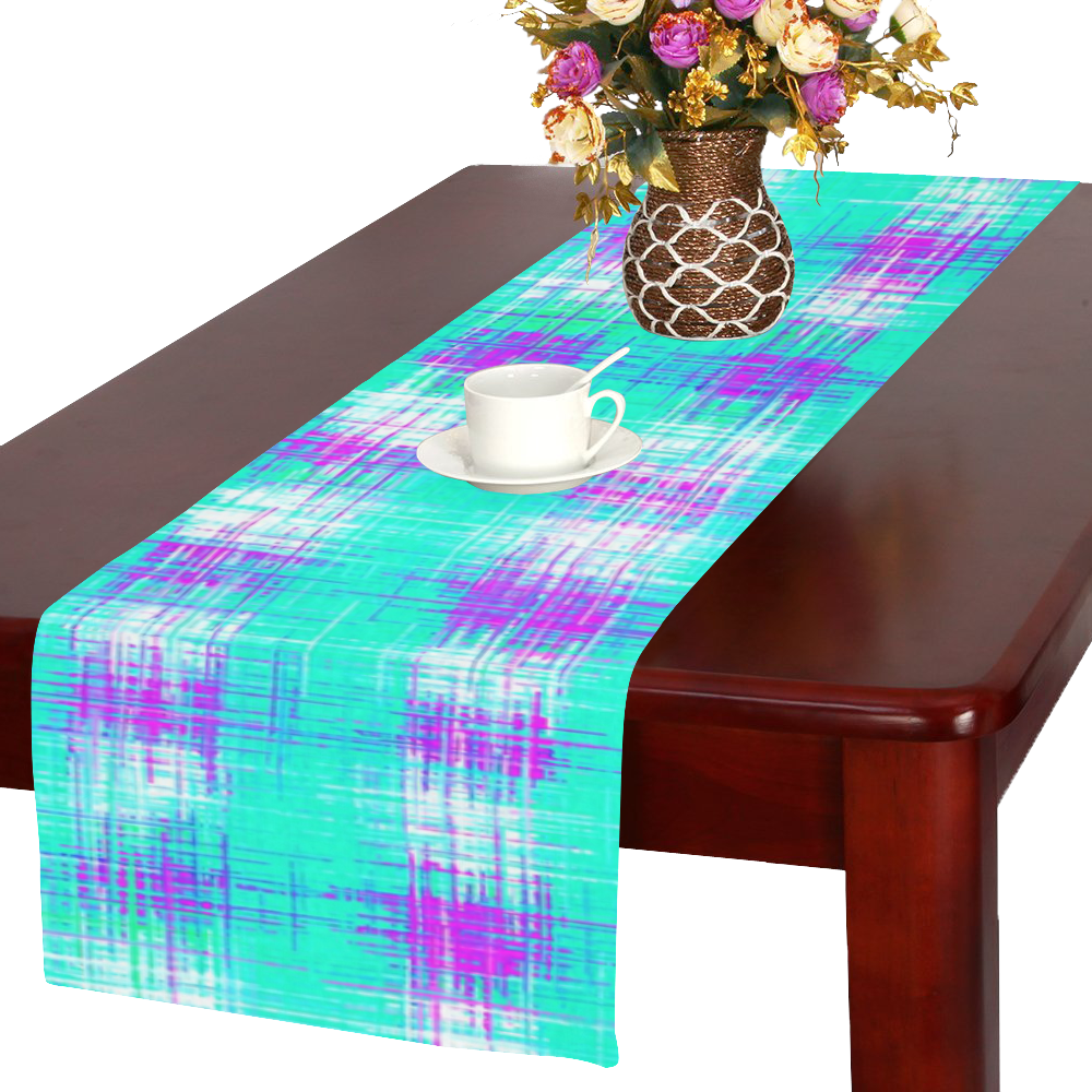 plaid pattern graffiti painting abstract in blue green and pink Table Runner 16x72 inch