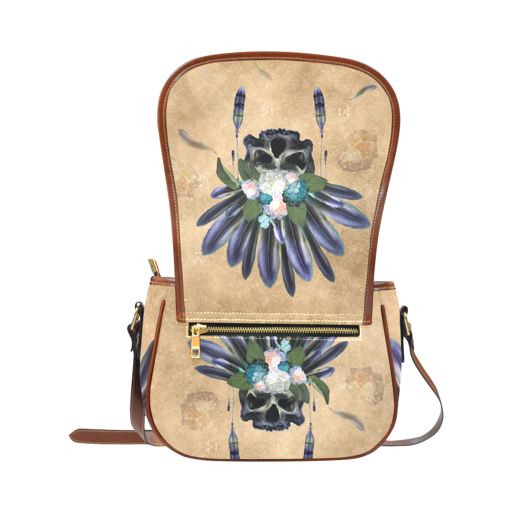Cool skull with feathers and flowers Saddle Bag/Large (Model 1649)
