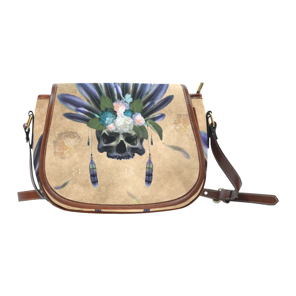 Cool skull with feathers and flowers Saddle Bag/Large (Model 1649)