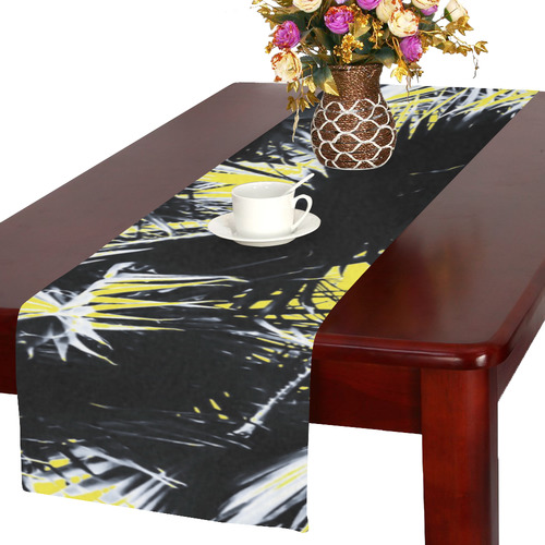 black and white palm leaves with yellow background Table Runner 16x72 inch