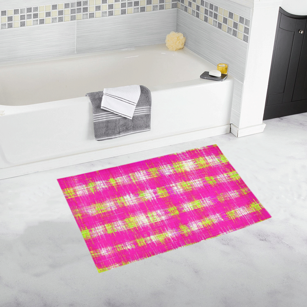 plaid pattern graffiti painting abstract in pink and yellow Bath Rug 20''x 32''