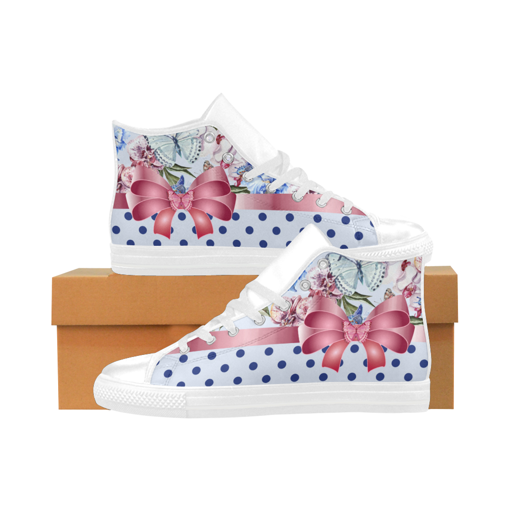 Watercolor Flowers Butterflies Polka Dots Ribbon B Aquila High Top Microfiber Leather Women's Shoes (Model 032)