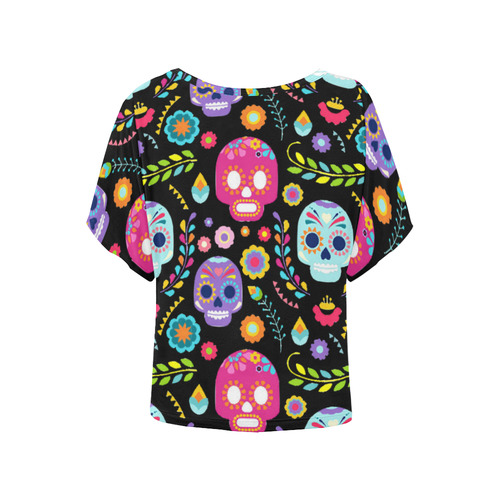 Day of the Dead Sugar Skull Floral Pattern Women's Batwing-Sleeved Blouse T shirt (Model T44)