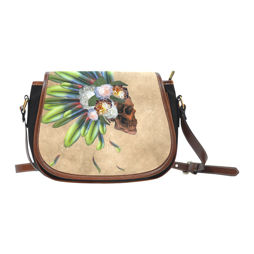 Amazing skull with feathers and flowers Saddle Bag/Small (Model 1649)(Flap Customization)