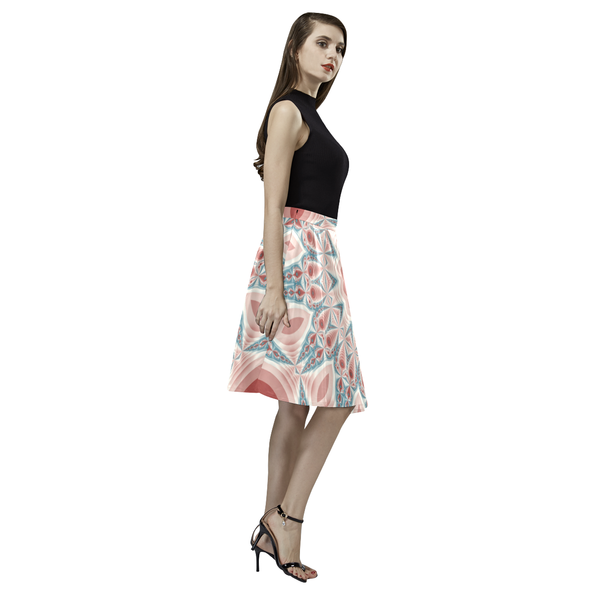 Modern Kaleidoscope Mandala Fractal Art Graphic Melete Pleated Midi Skirt (Model D15)