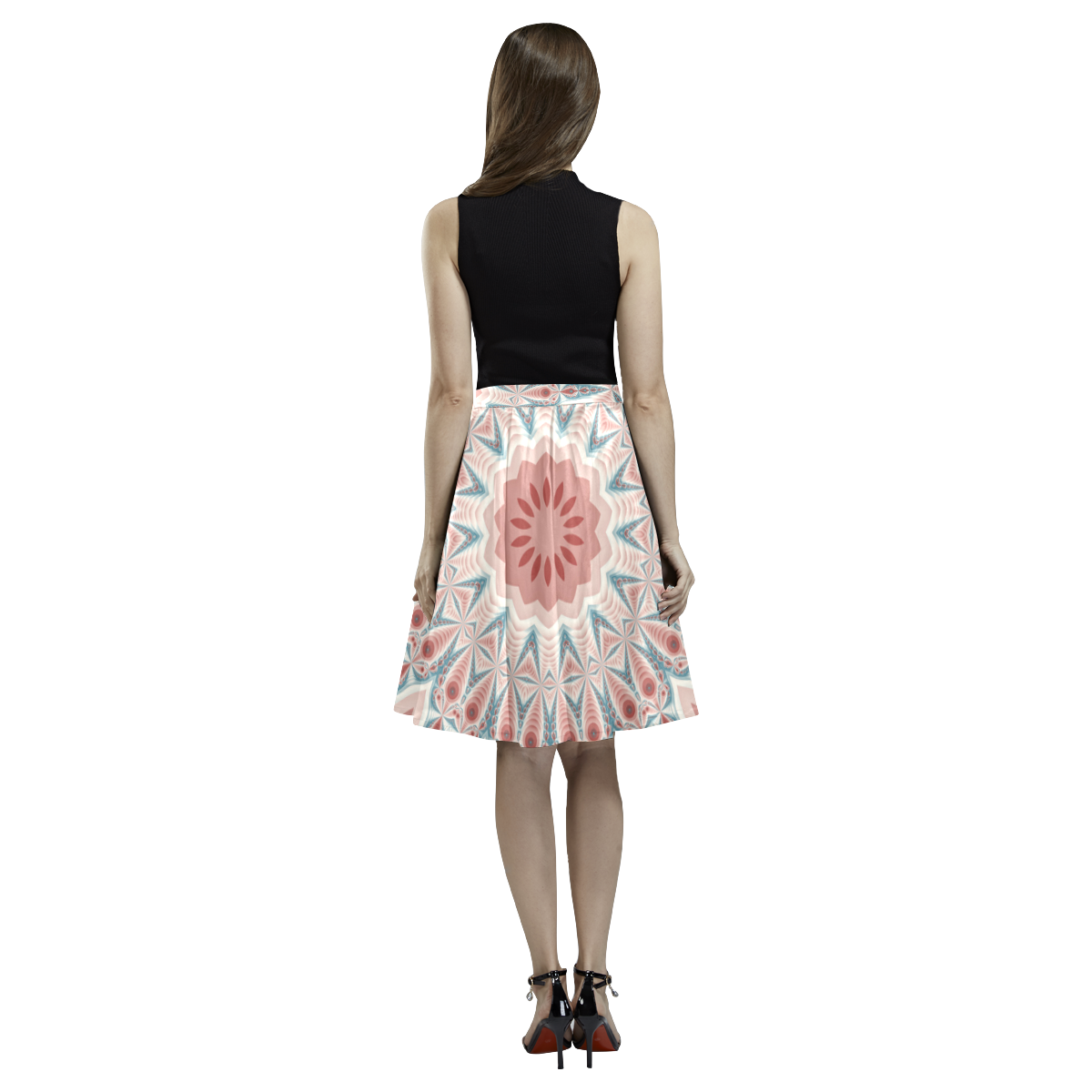 Modern Kaleidoscope Mandala Fractal Art Graphic Melete Pleated Midi Skirt (Model D15)