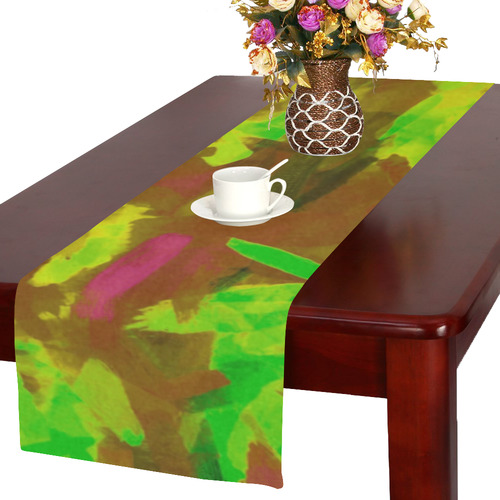 camouflage painting texture abstract background in green yellow brown Table Runner 16x72 inch