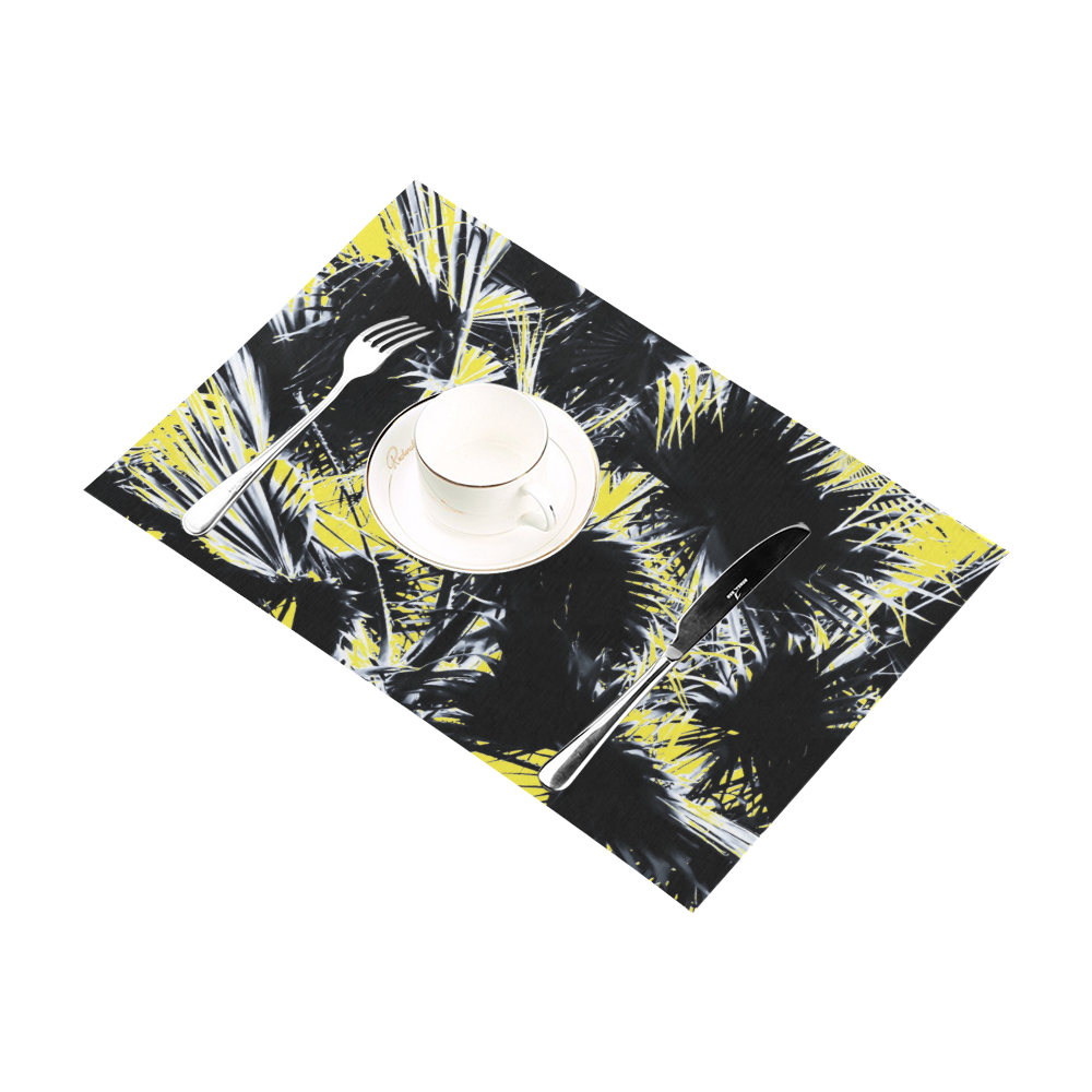 black and white palm leaves with yellow background Placemat 12’’ x 18’’ (Set of 4)