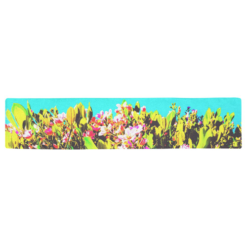 pink flowers with green leaves and blue background Table Runner 16x72 inch
