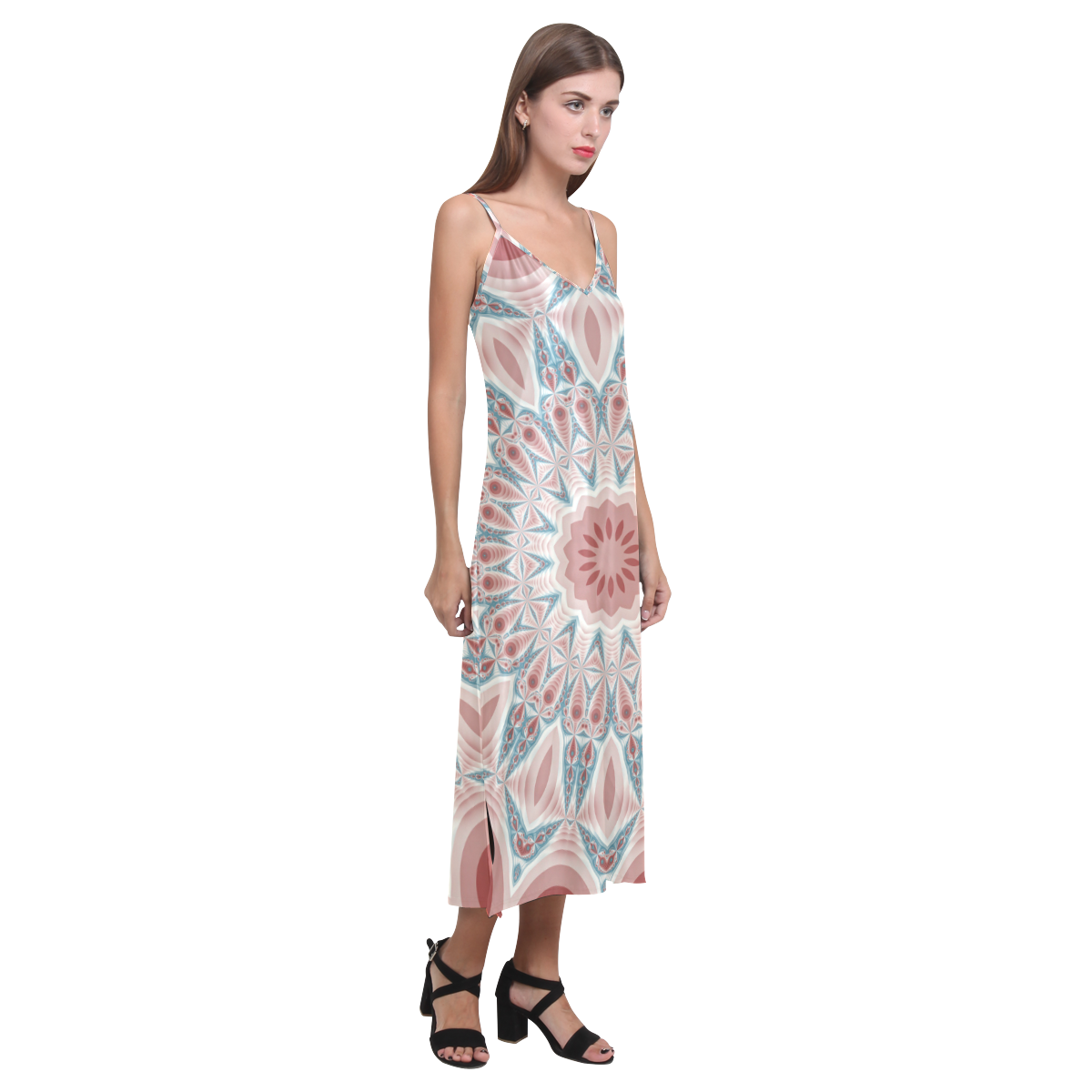 Modern Kaleidoscope Mandala Fractal Art Graphic V-Neck Open Fork Long Dress(Model D18)