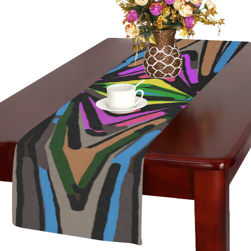 psychedelic geometric graffiti triangle pattern in pink green blue yellow and brown Table Runner 14x72 inch