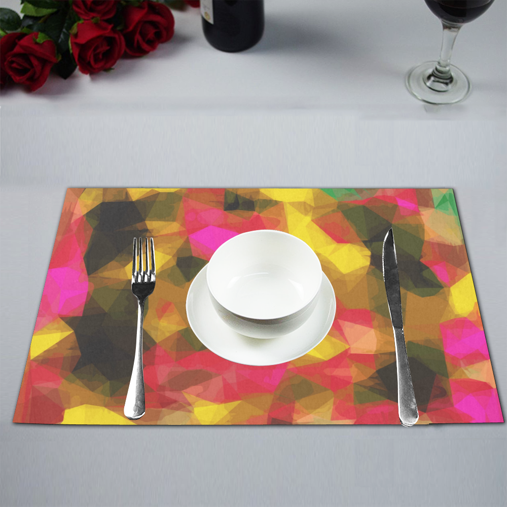 psychedelic geometric polygon shape pattern abstract in pink yellow green Placemat 12’’ x 18’’ (Set of 4)
