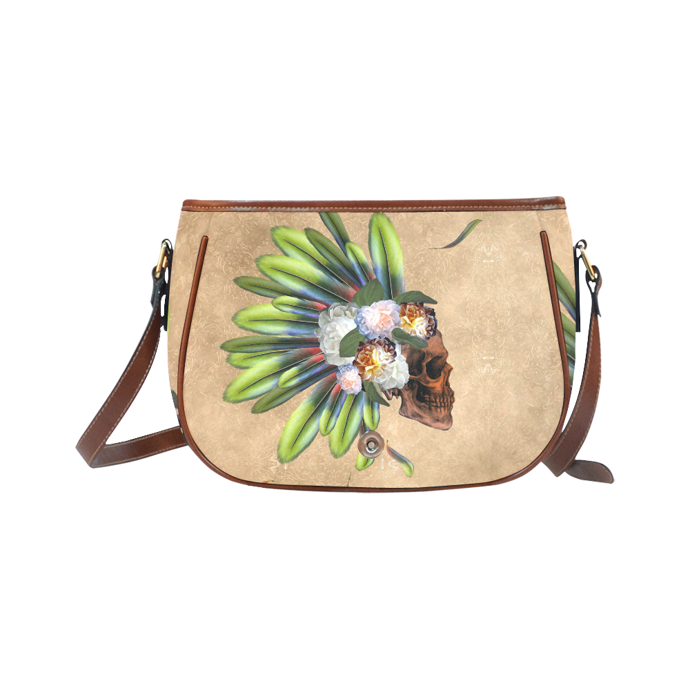 Amazing skull with feathers and flowers Saddle Bag/Small (Model 1649) Full Customization