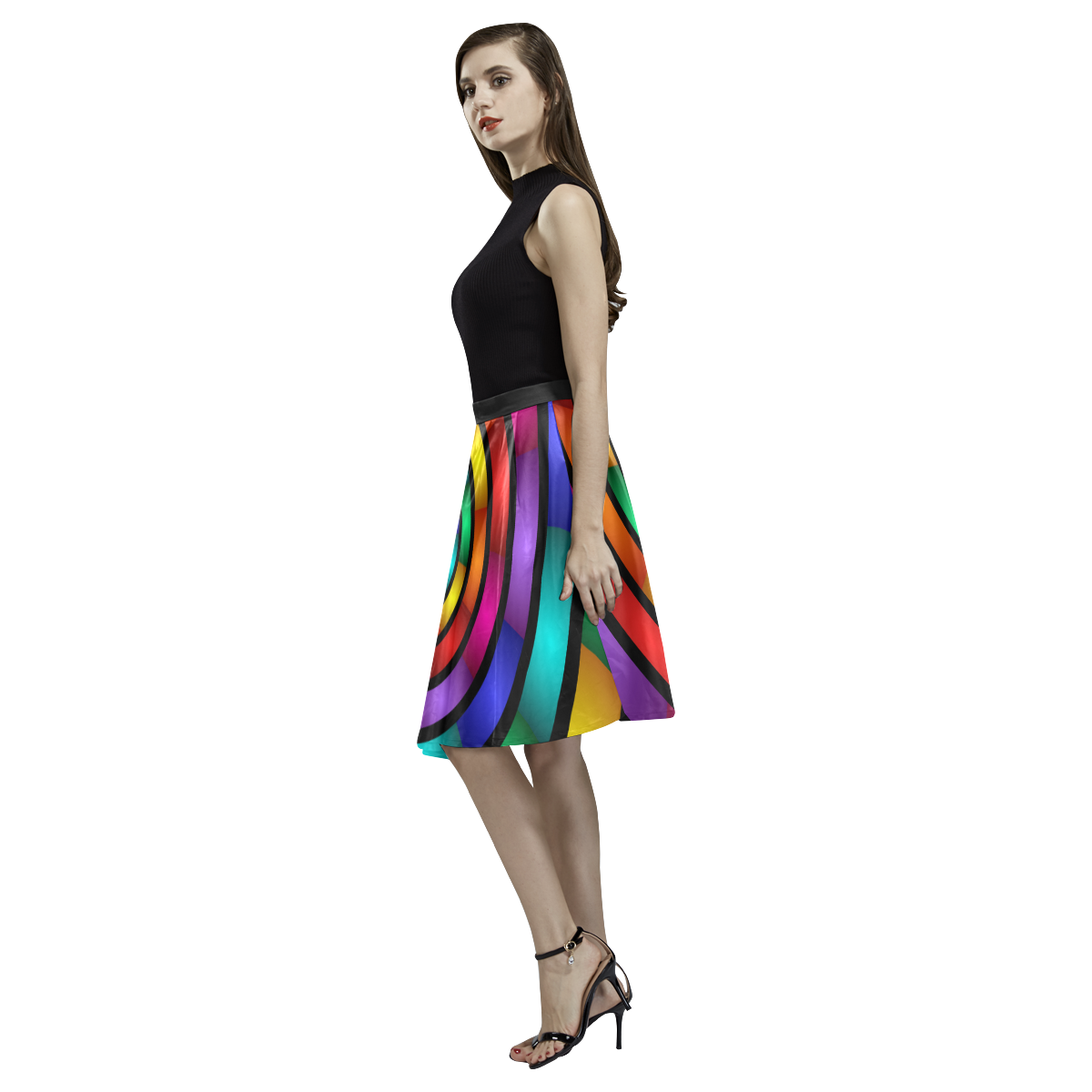 Round Psychedelic Colorful Modern Fractal Graphic Melete Pleated Midi Skirt (Model D15)