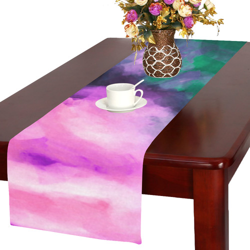 psychedelic splash painting texture abstract background in green and pink Table Runner 16x72 inch