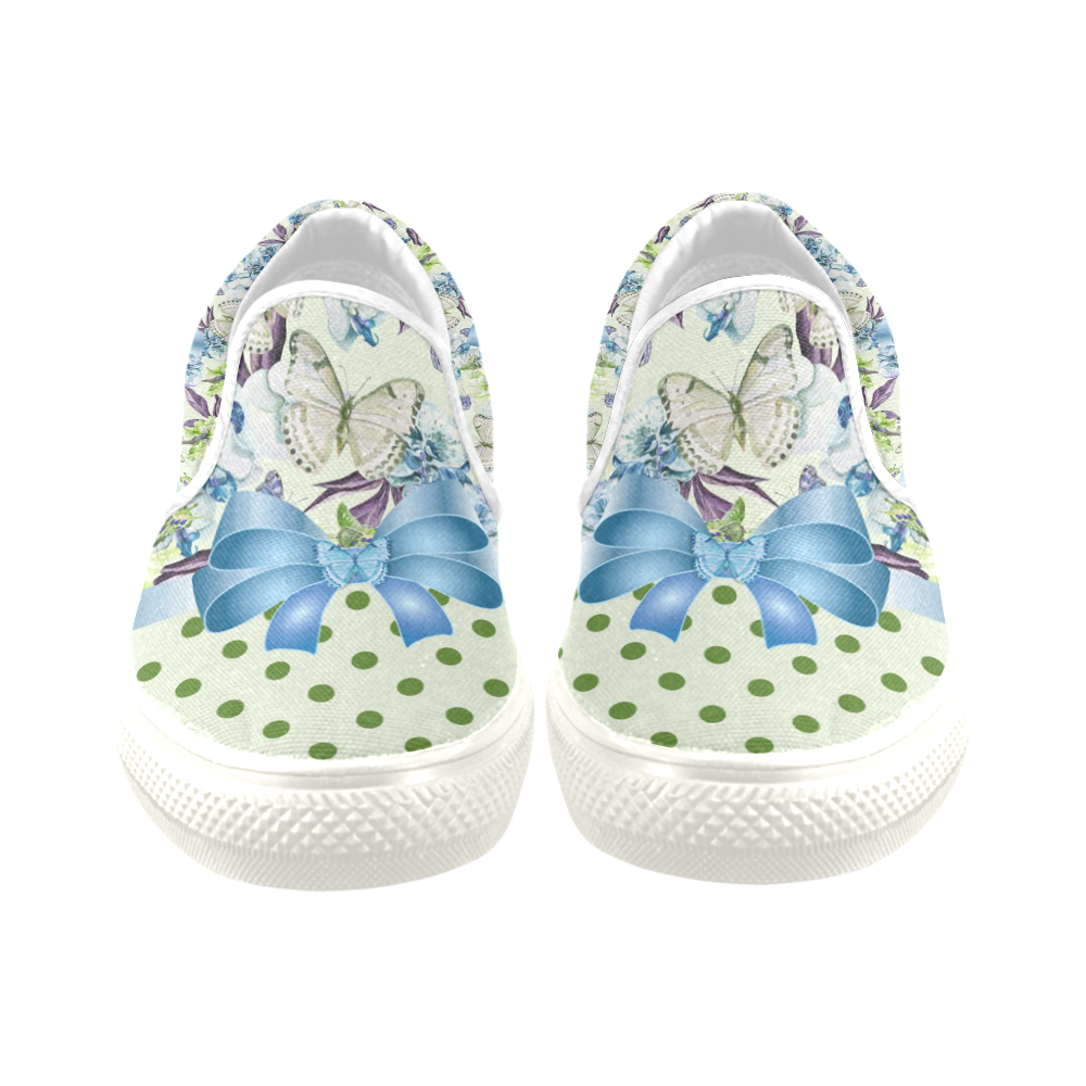 Watercolor Flowers Butterflies Polka Dots Ribbon B Women's Slip-on Canvas Shoes/Large Size (Model 019)