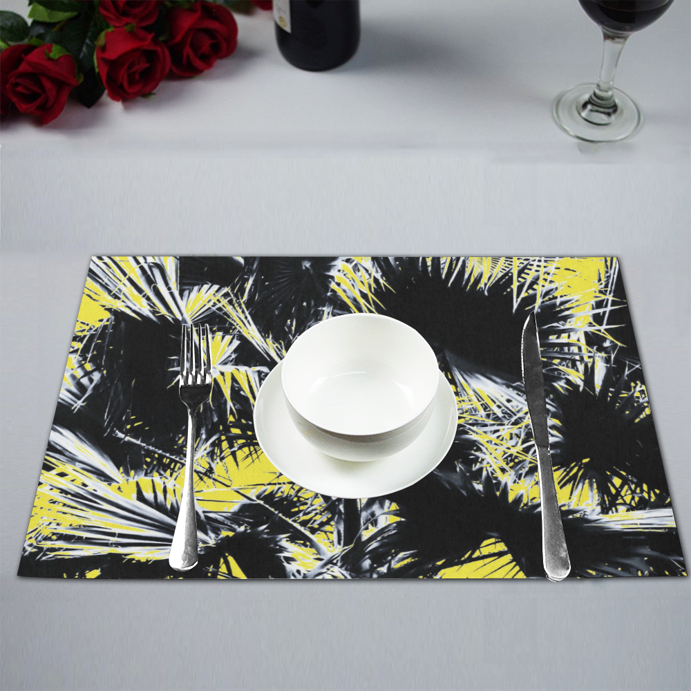 black and white palm leaves with yellow background Placemat 12’’ x 18’’ (Set of 4)