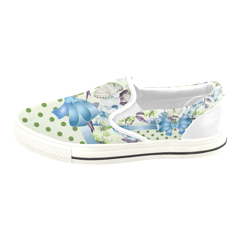 Watercolor Flowers Butterflies Polka Dots Ribbon B Women's Slip-on Canvas Shoes/Large Size (Model 019)