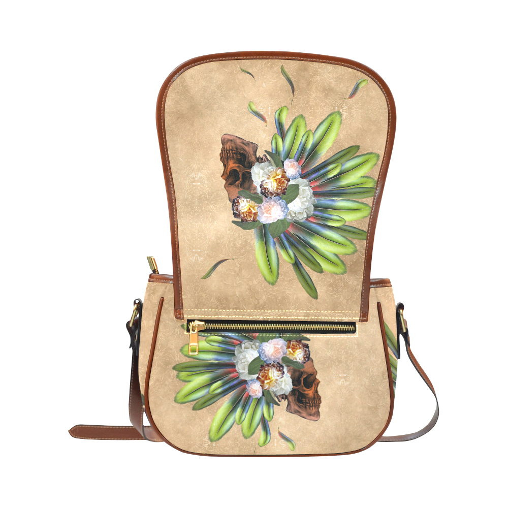 Amazing skull with feathers and flowers Saddle Bag/Large (Model 1649)