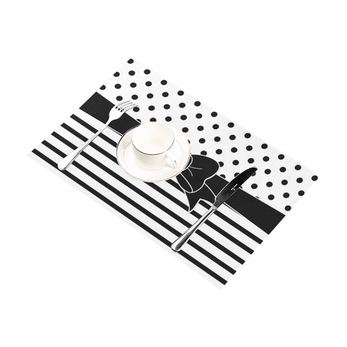 Polka Dots Stripes black white Comic Ribbon black Placemat 12''x18''