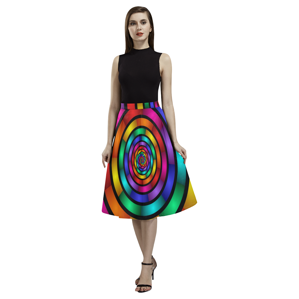 Round Psychedelic Colorful Modern Fractal Graphic Aoede Crepe Skirt (Model D16)