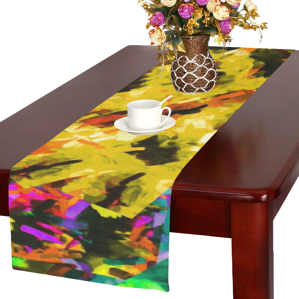 camouflage splash painting abstract in yellow green brown red orange Table Runner 16x72 inch