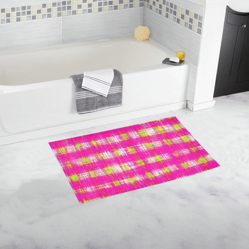 plaid pattern graffiti painting abstract in pink and yellow Bath Rug 16''x 28''