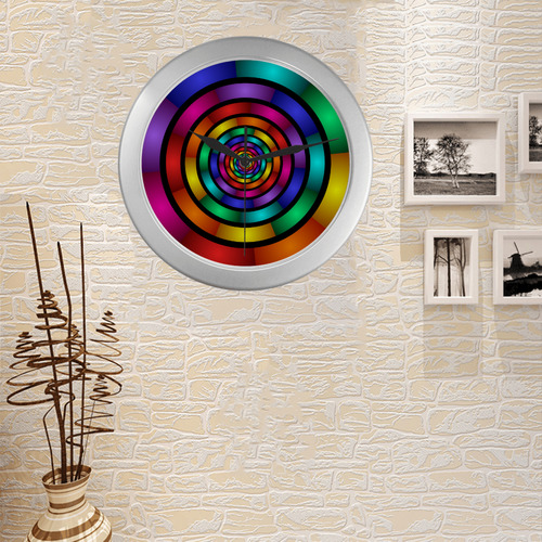 Round Psychedelic Colorful Modern Fractal Graphic Silver Color Wall Clock