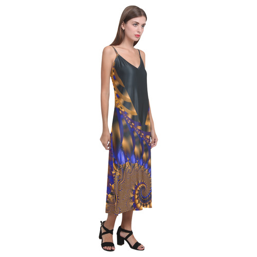 Gold & Blue Turmoil V-Neck Open Fork Long Dress(Model D18)