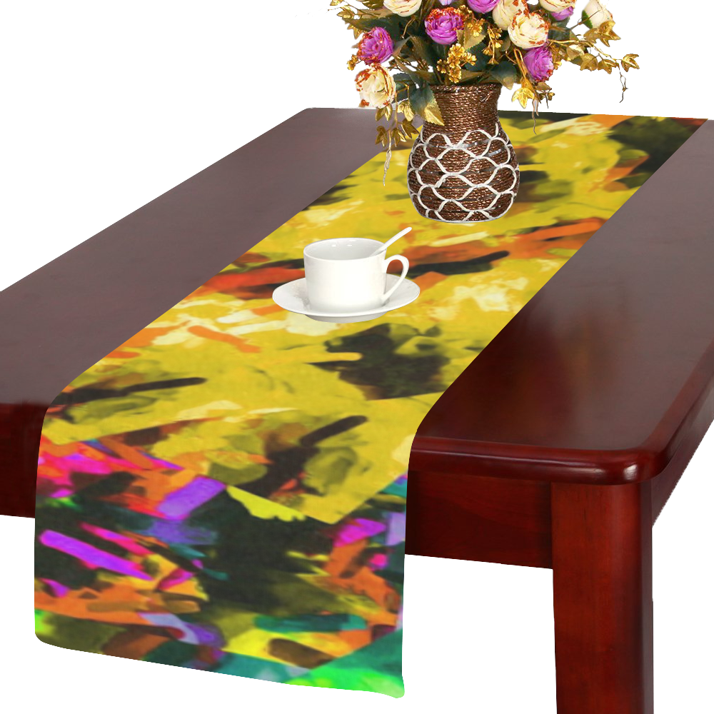camouflage splash painting abstract in yellow green brown red orange Table Runner 14x72 inch