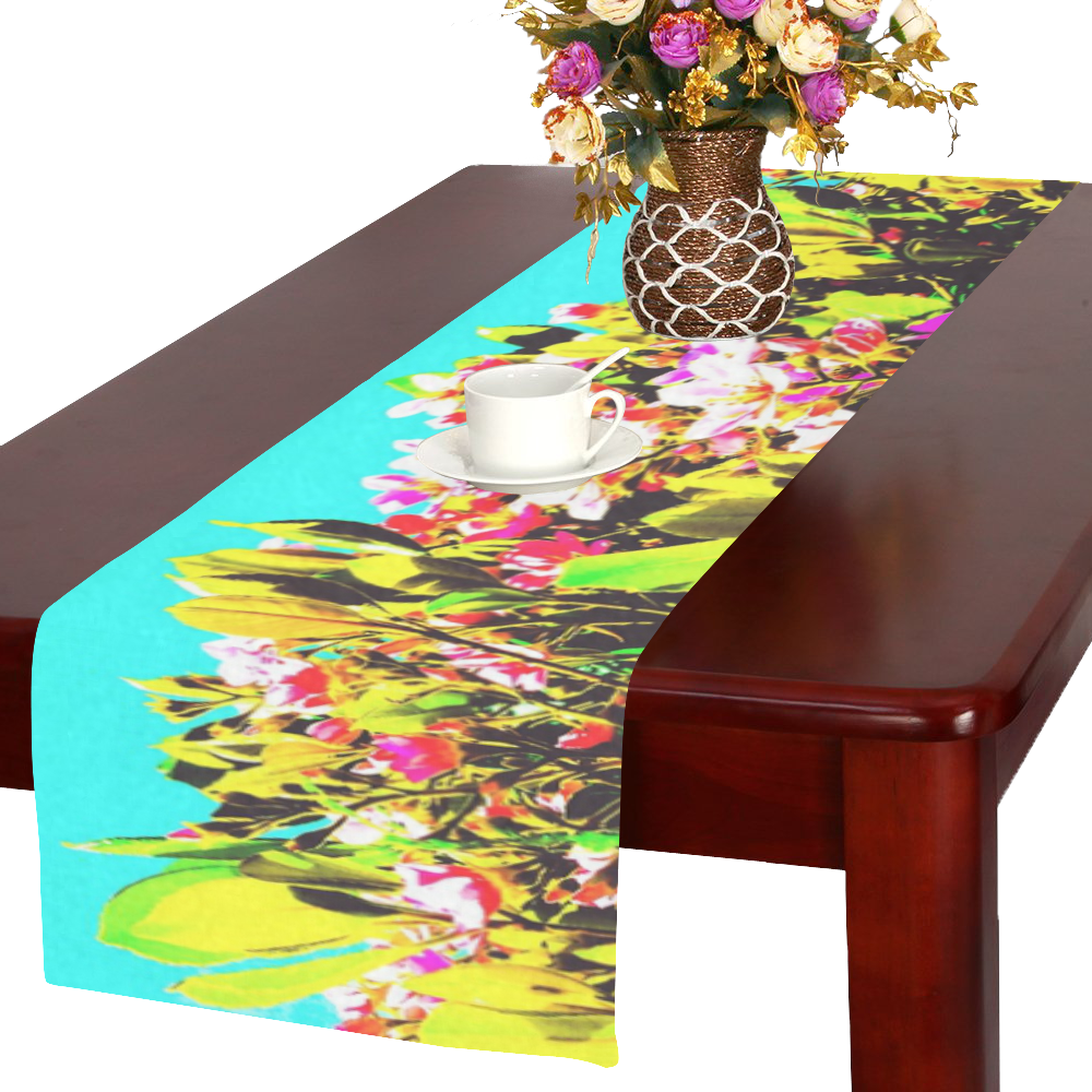 pink flowers with green leaves and blue background Table Runner 16x72 inch