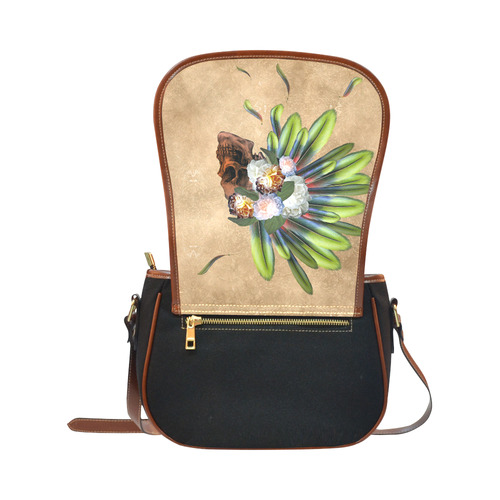 Amazing skull with feathers and flowers Saddle Bag/Small (Model 1649)(Flap Customization)