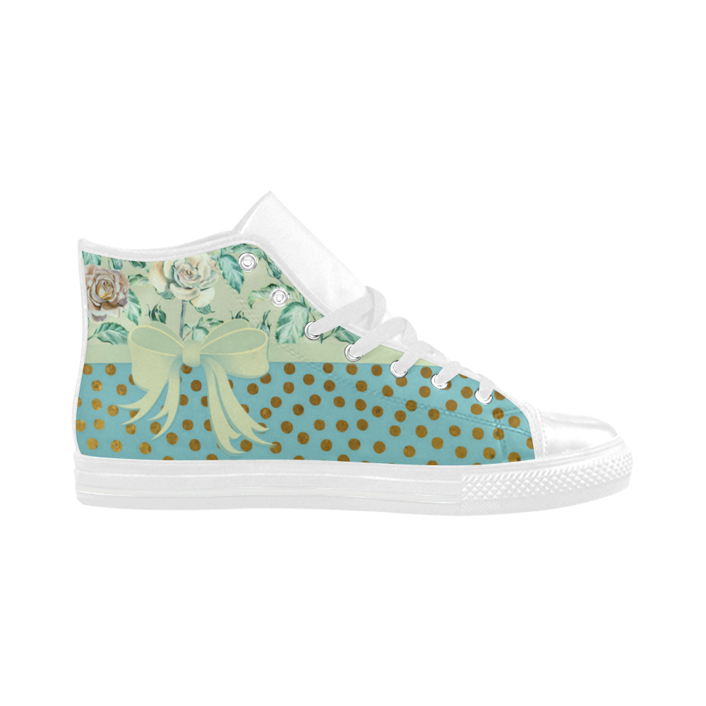 Vintage Roses Polka Dots Ribbon - Teal Gold Aquila High Top Microfiber Leather Women's Shoes (Model 032)
