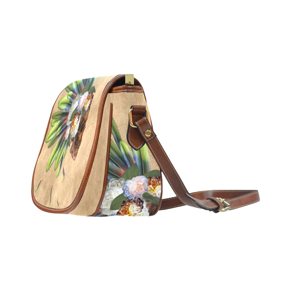 Amazing skull with feathers and flowers Saddle Bag/Small (Model 1649) Full Customization
