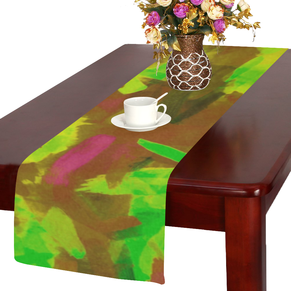 camouflage painting texture abstract background in green yellow brown Table Runner 14x72 inch
