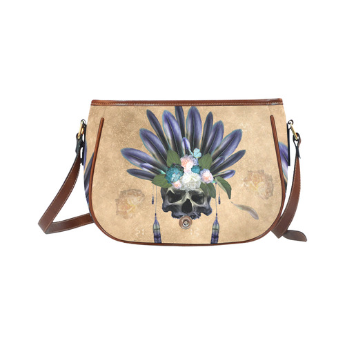 Cool skull with feathers and flowers Saddle Bag/Large (Model 1649)