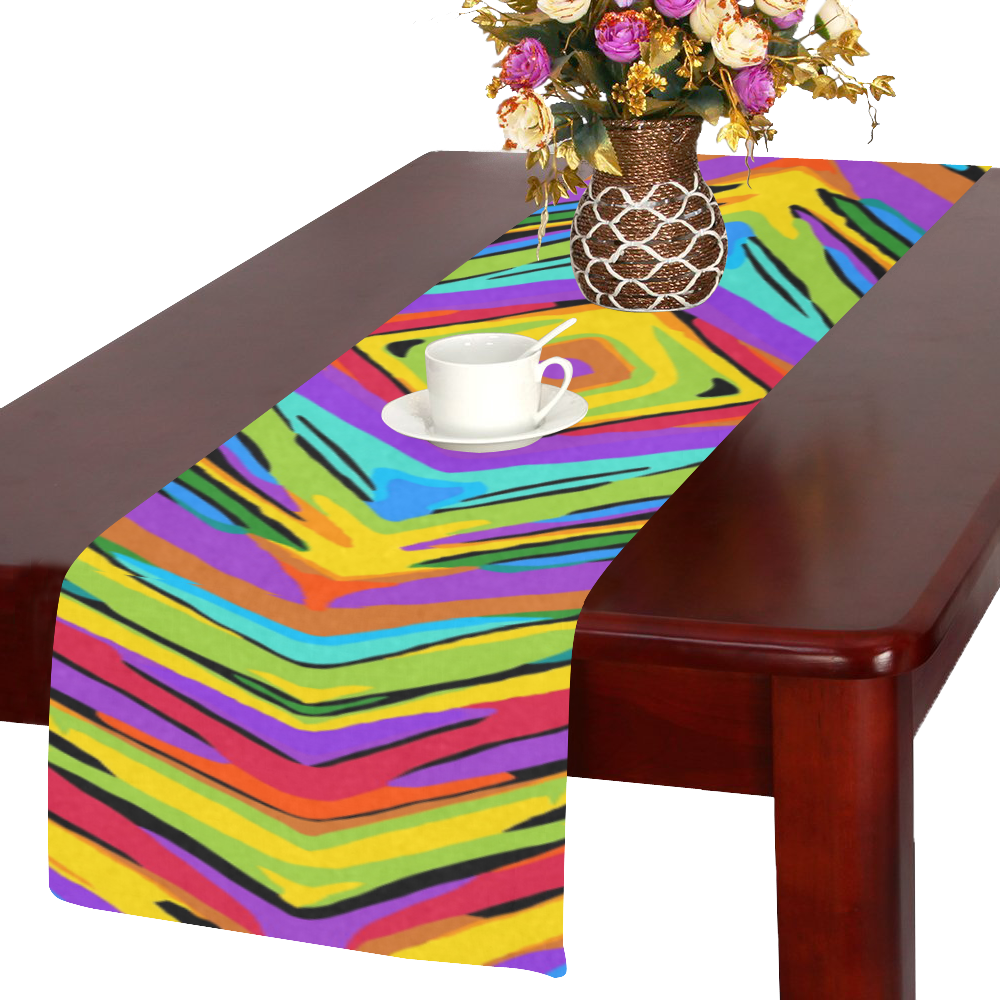 psychedelic geometric graffiti square pattern abstract in blue purple pink yellow green Table Runner 14x72 inch