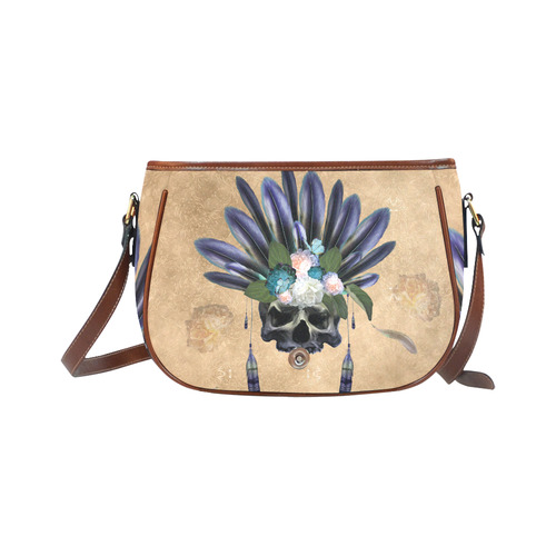 Cool skull with feathers and flowers Saddle Bag/Small (Model 1649) Full Customization