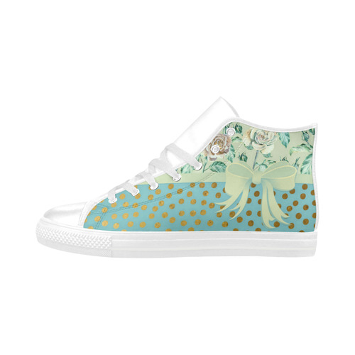 Vintage Roses Polka Dots Ribbon - Teal Gold Aquila High Top Microfiber Leather Women's Shoes (Model 032)