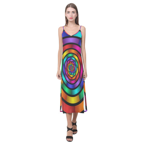 Round Psychedelic Colorful Modern Fractal Graphic V-Neck Open Fork Long Dress(Model D18)