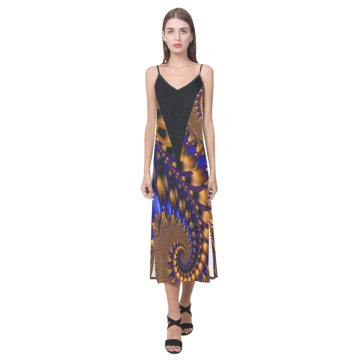 Gold & Blue Turmoil V-Neck Open Fork Long Dress(Model D18)