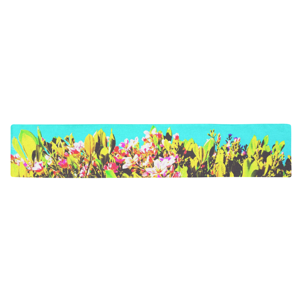 pink flowers with green leaves and blue background Table Runner 14x72 inch