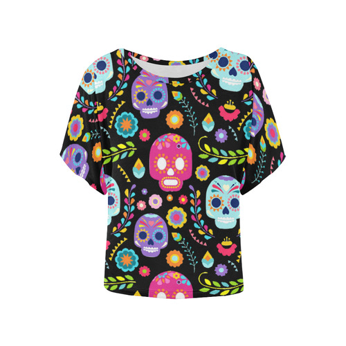 Day of the Dead Sugar Skull Floral Pattern Women's Batwing-Sleeved Blouse T shirt (Model T44)