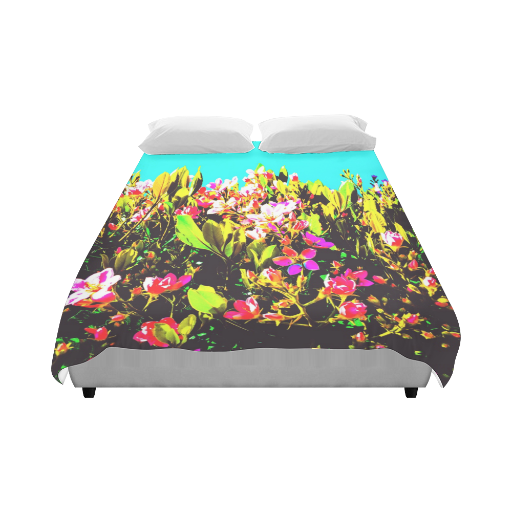 pink flowers with green leaves and blue background Duvet Cover 86"x70" ( All-over-print)
